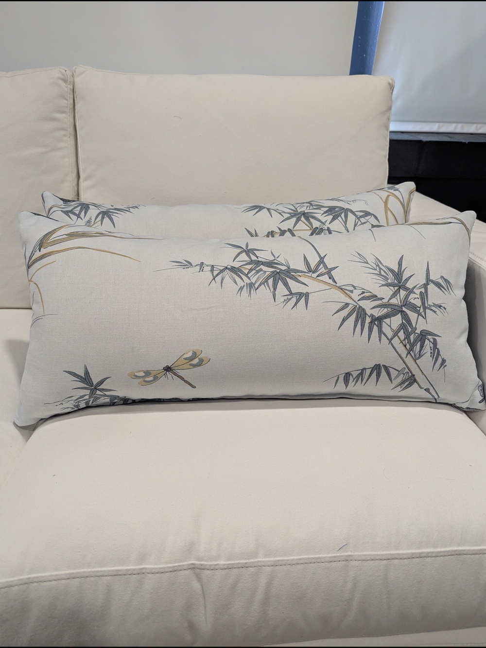 Botanical Dragonfly Lumbar Pillow in Cream and Gray
